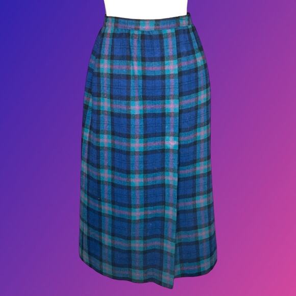 80’s Vintage Pendleton Pink Navy Blue Green Preppy Plaid Faux Wrap Wool Skirt 6 - Picture 1 of 11